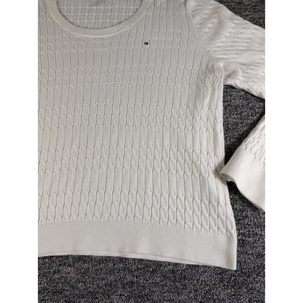 Tommy Hilfiger Sweater Womens XL White Logo Cable Knit Ribbed Hem Round Neck